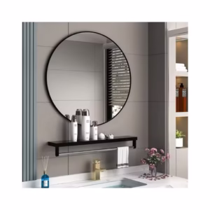 Circle Shape High Decor Adhesive Frame Bathroom Mirror With Shelf