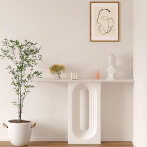 Modern Narrow Wood White Console Table with Geometric Pedestal Entryway Table