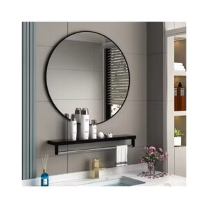 Circle Shape High Decor Adhesive Frame Bathroom Mirror With Shelf